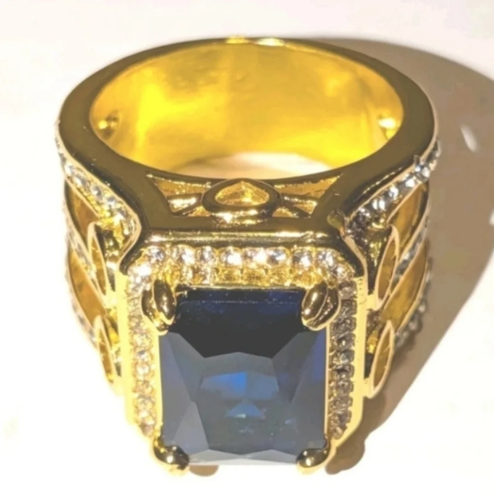 8ct Emerald Lab Created Blue Sapphire Mens Wedding Ring 14k Yellow Gold Plated11